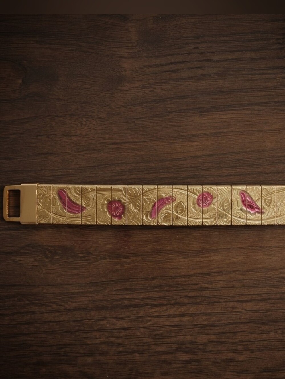 Gold Plated Floral Engraved Bracelet with Pink Accents